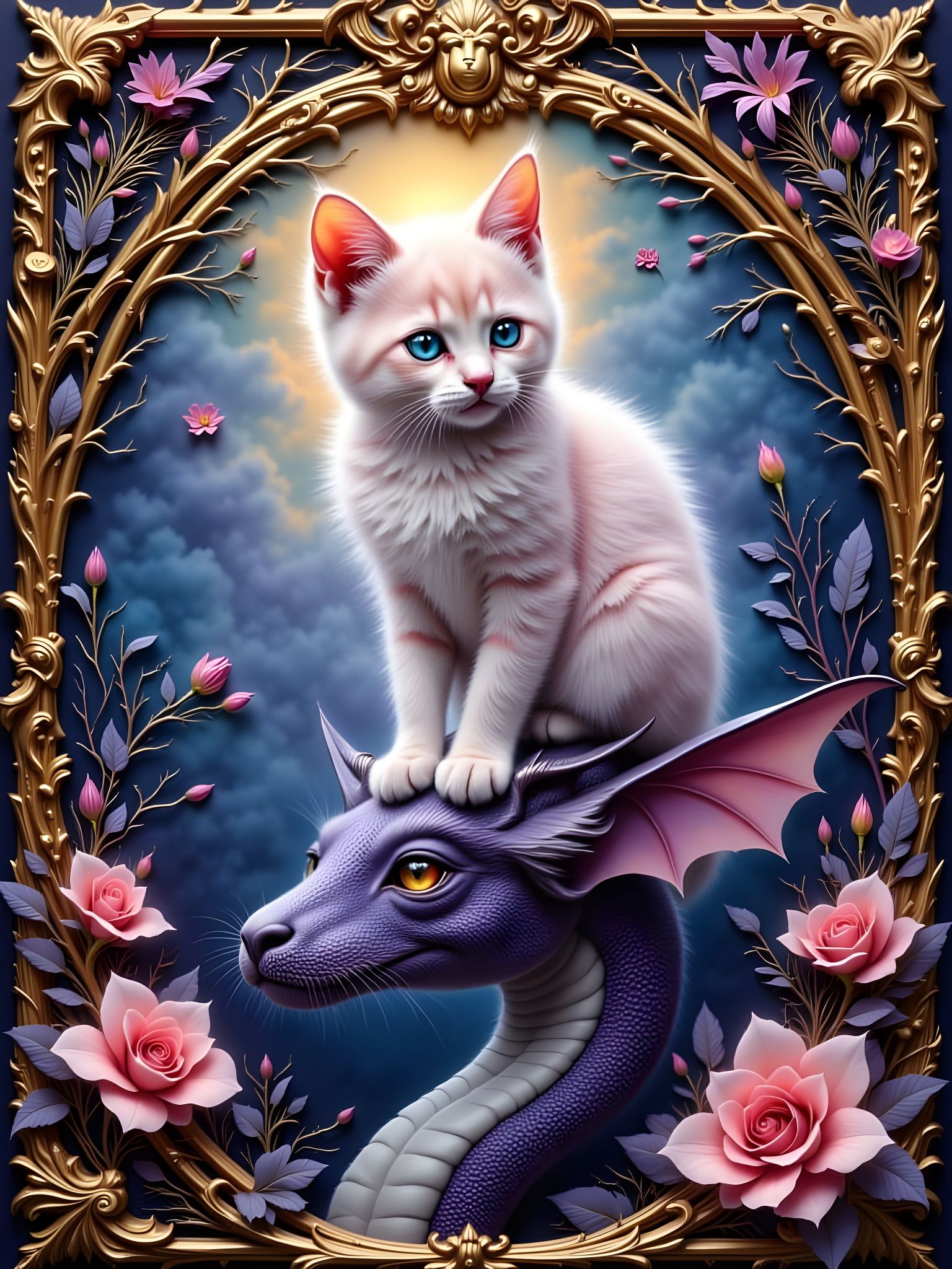 Tiny Pearl Cat on Dragon's Head in Golden Twilight