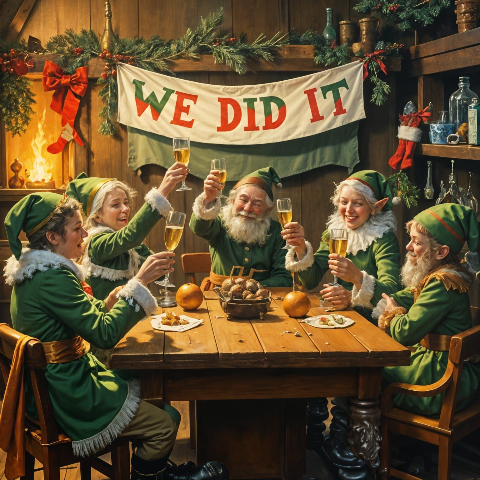 Christmas Elves Raise Toast in Norman Rockwell-Inspired Scen...