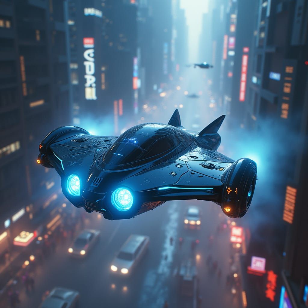 Flying Car Soars Through Cyberpunk Cityscape