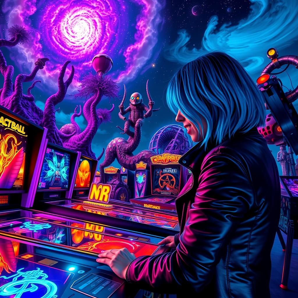 Cyberpunk Woman Plays Pinball in Fantasy Arcade