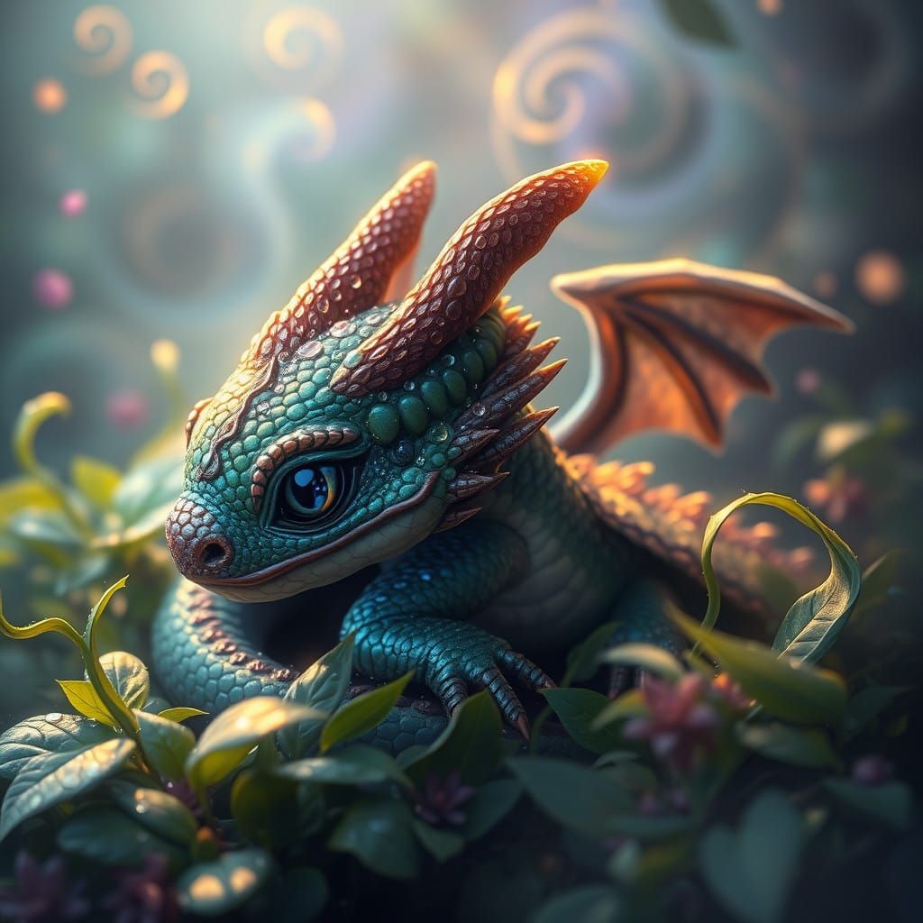 Baby Dragon Surrounded by Enchanted Aura in Vibrant Fantasy....