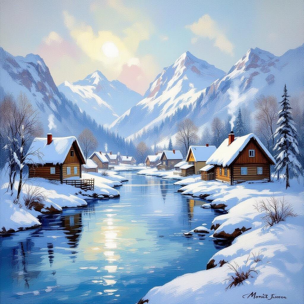 Peaceful Log Cabin Village by Icy River in Impressionist Sty...