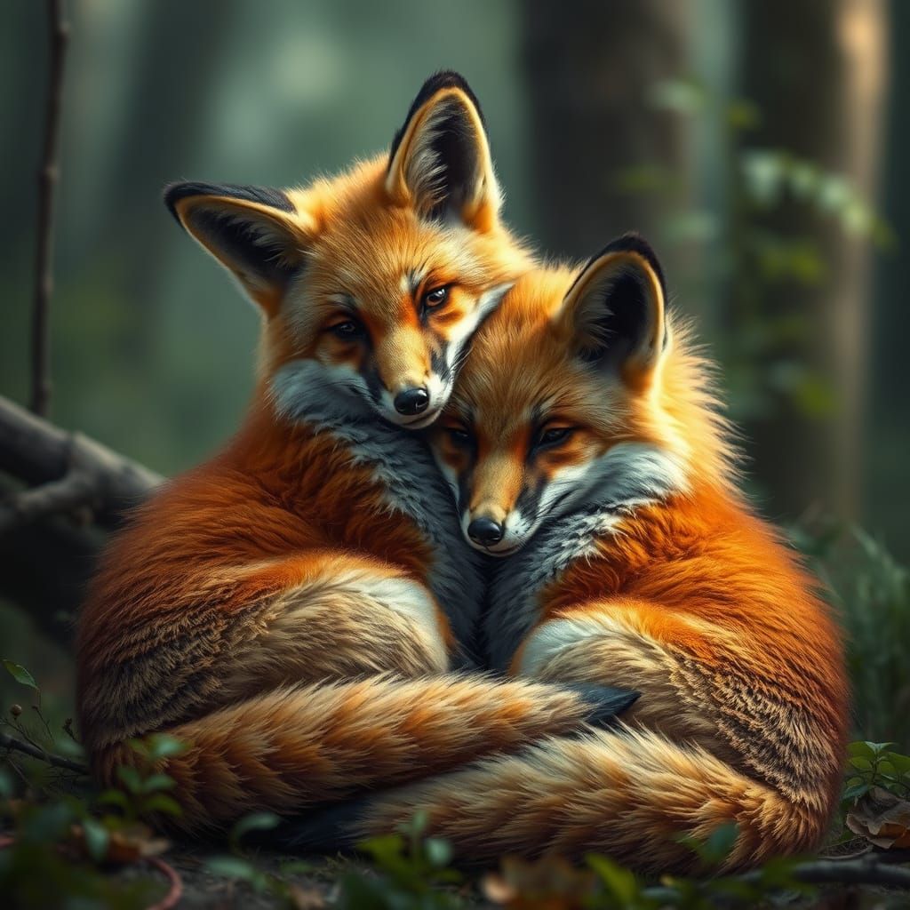 Foxes Cuddled in Cozy Forest: Photorealistic Digital Art