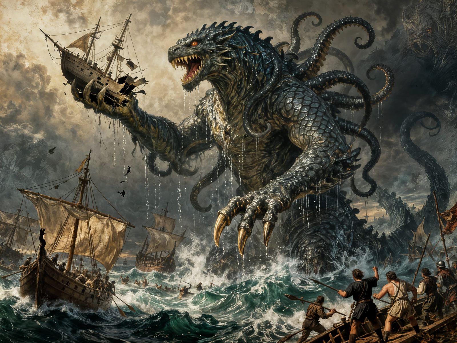 Monster Kaiju Rises from Ocean in Tenebrism Oil Painting