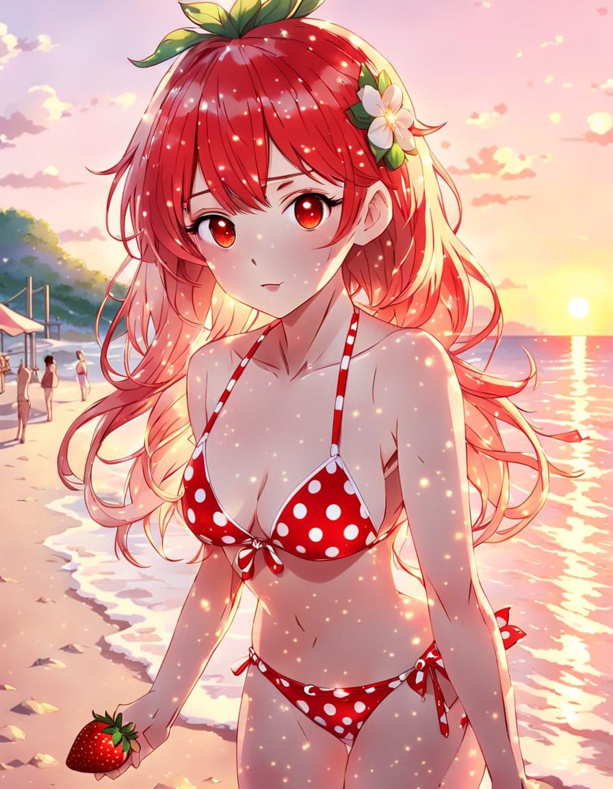 Anime Woman in Vibrant Strawberry Bikini at Sunset Beach