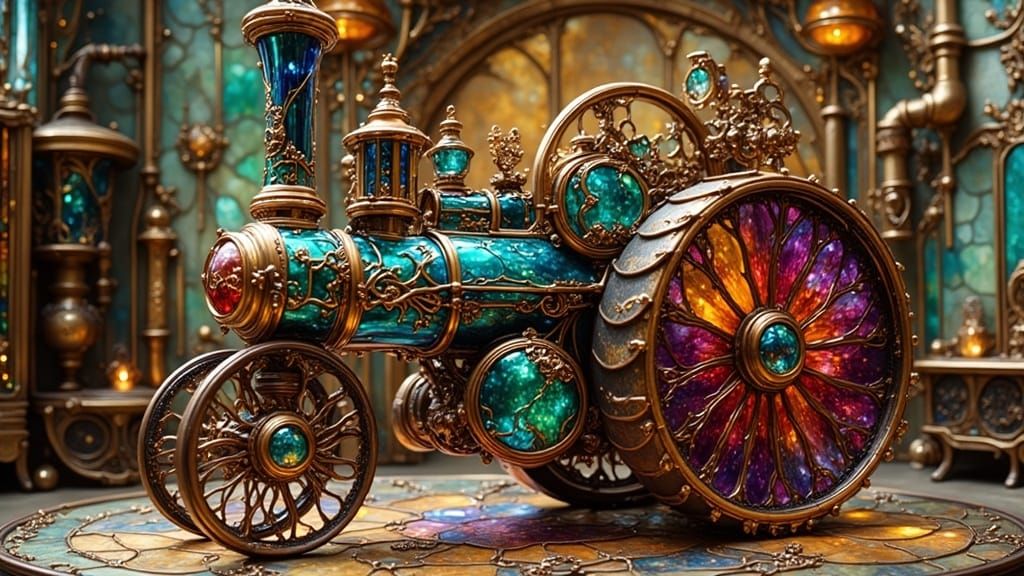 Traction engine in stained glass 2