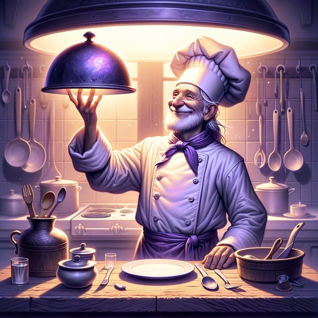 Chef Lifting Cloche Over Empty Plate - Matte Painting Style