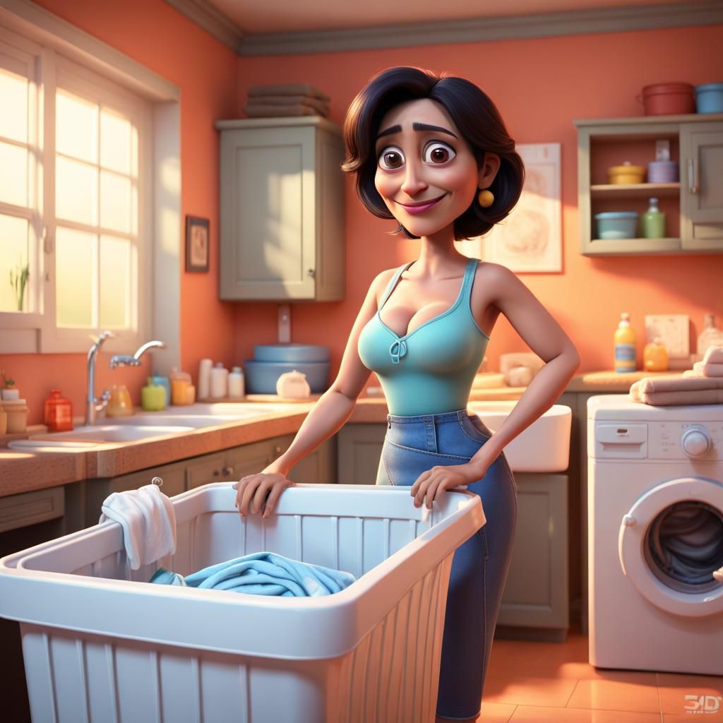 Latina Housewife Washing Clothes: Pixar-style 3D Art