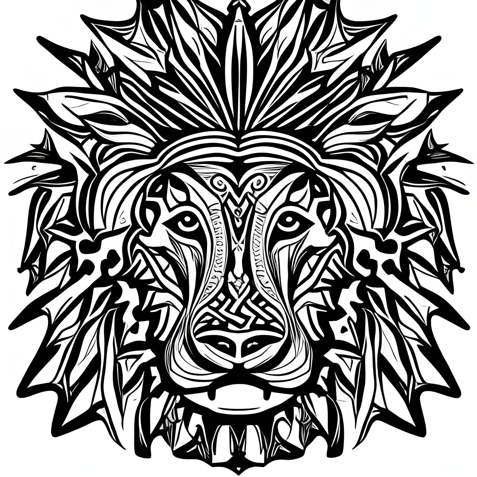 Symmetrical Lion Head Tattoo Design in Fine Line Art