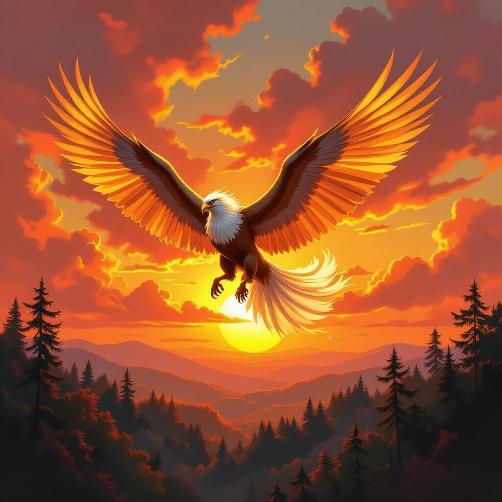 Griffin Soaring Through Sunset Sky in Fantasy Style