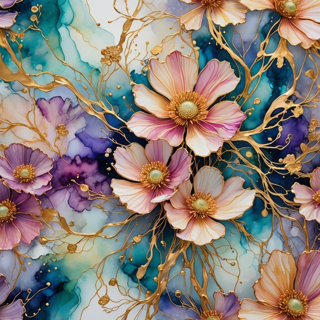 Alcohol Ink Wind Anemone with Gold Details