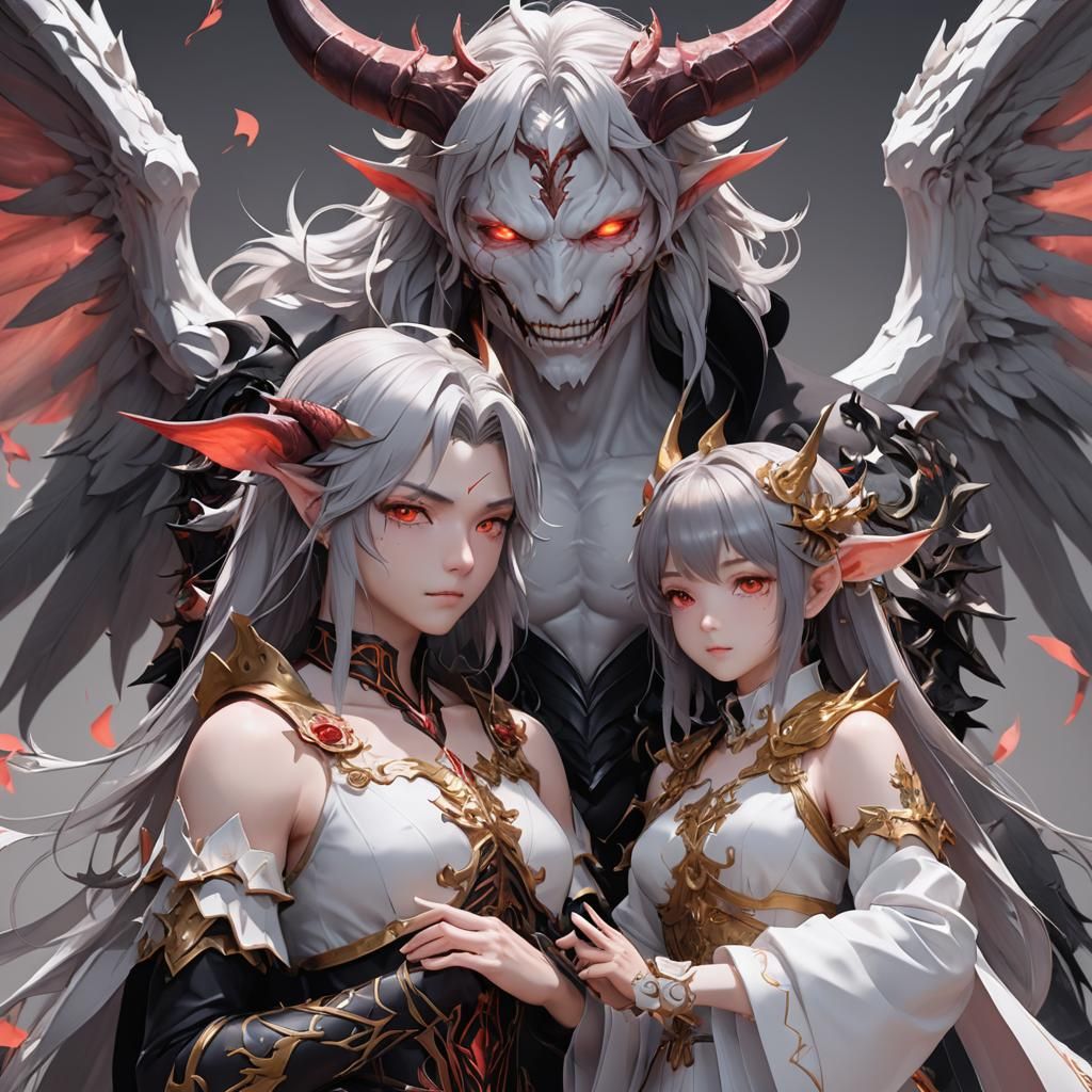 Anime Demon Girl and Angel Man in 3D