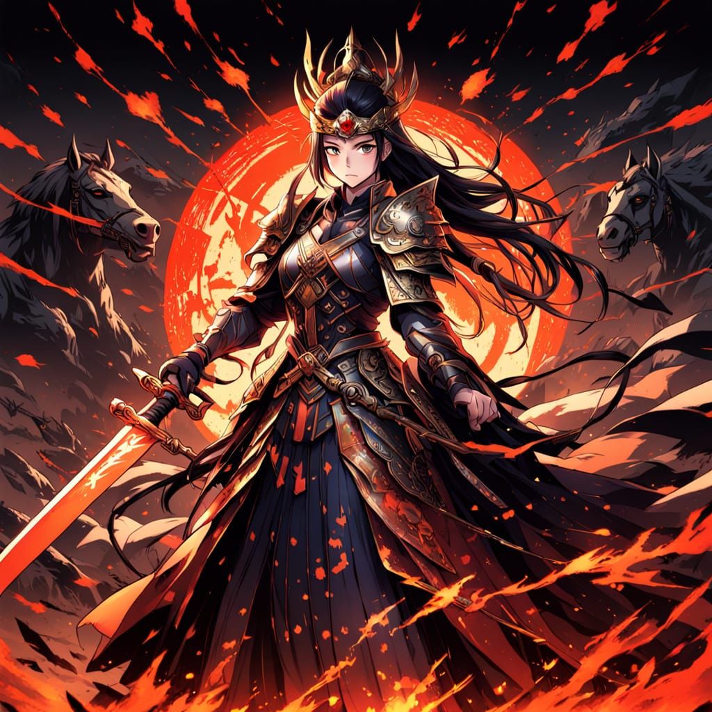 Dark Fantasy Cao Cao Empress with Broken Armor and Fiery Hai...