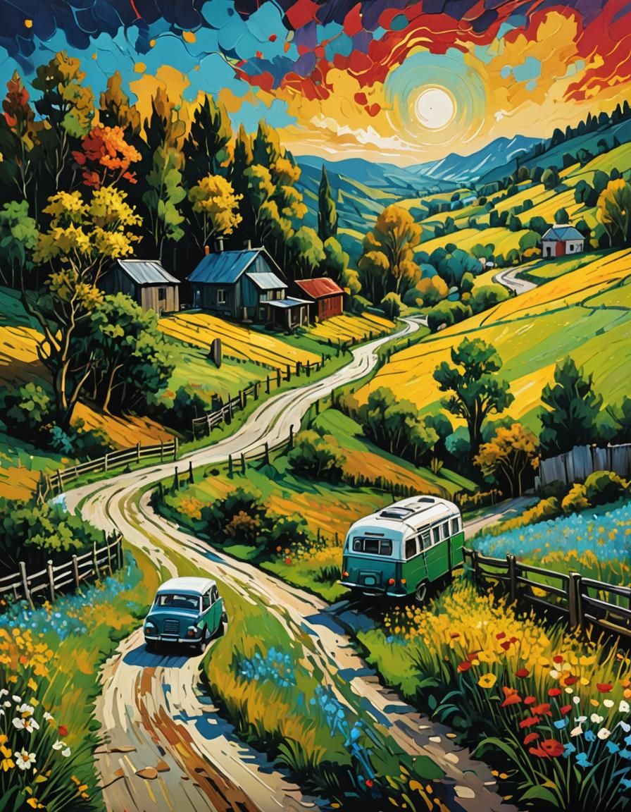 Country Road Caravan: Van Gogh-Inspired Graffiti Art