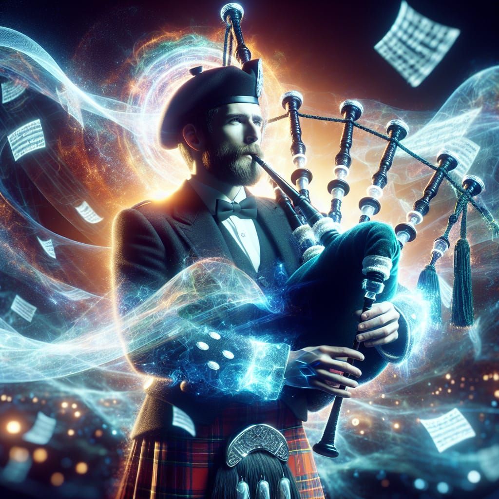 Scottish Bagpiper in a Fantasy Holographic Scene