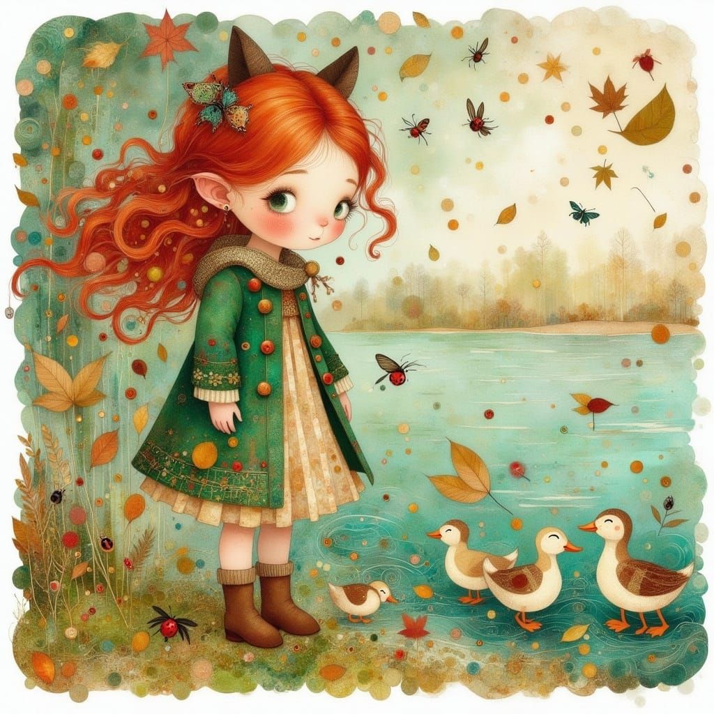 Whimsical Water's Edge Scene in Earthy Tones