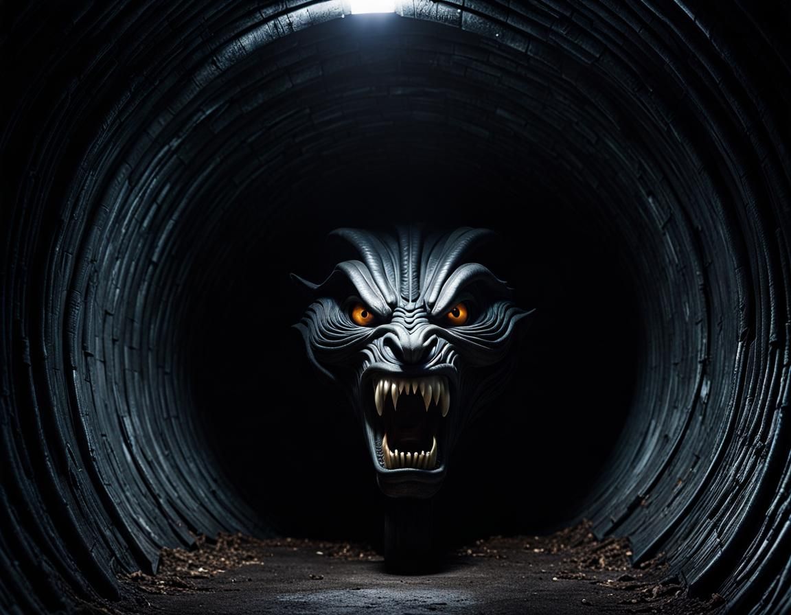 Menacing Figure in Tunnel: Eyes and Teeth