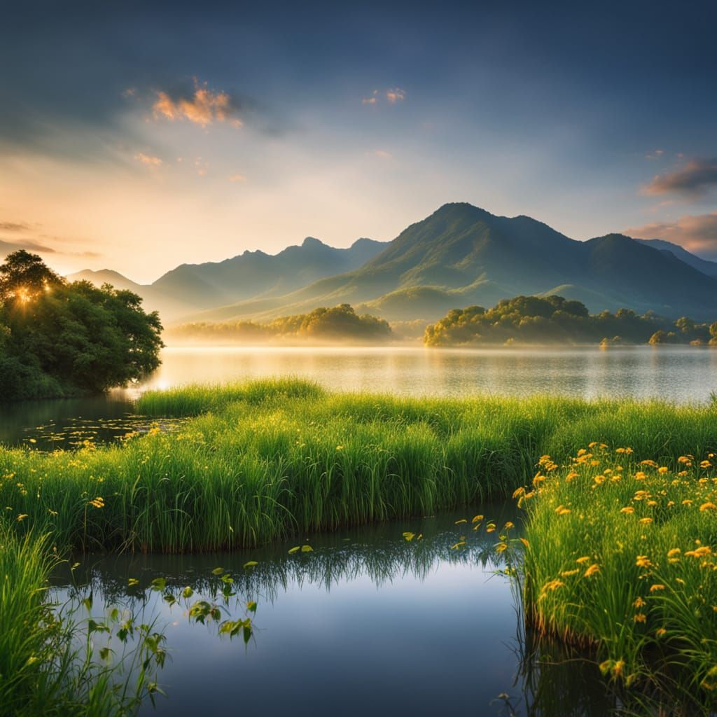 Serene Lake Landscape in Golden Light