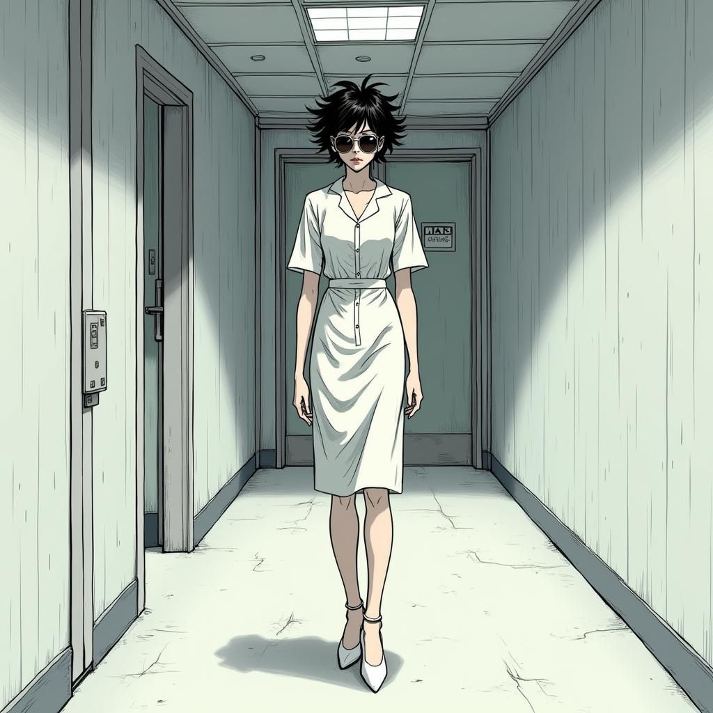 Manga Woman in Hospital Corridor, Gritty Realism