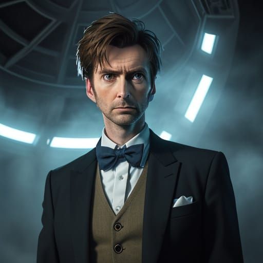 David Tennant as the 10th Doctor standing in the TARDIS