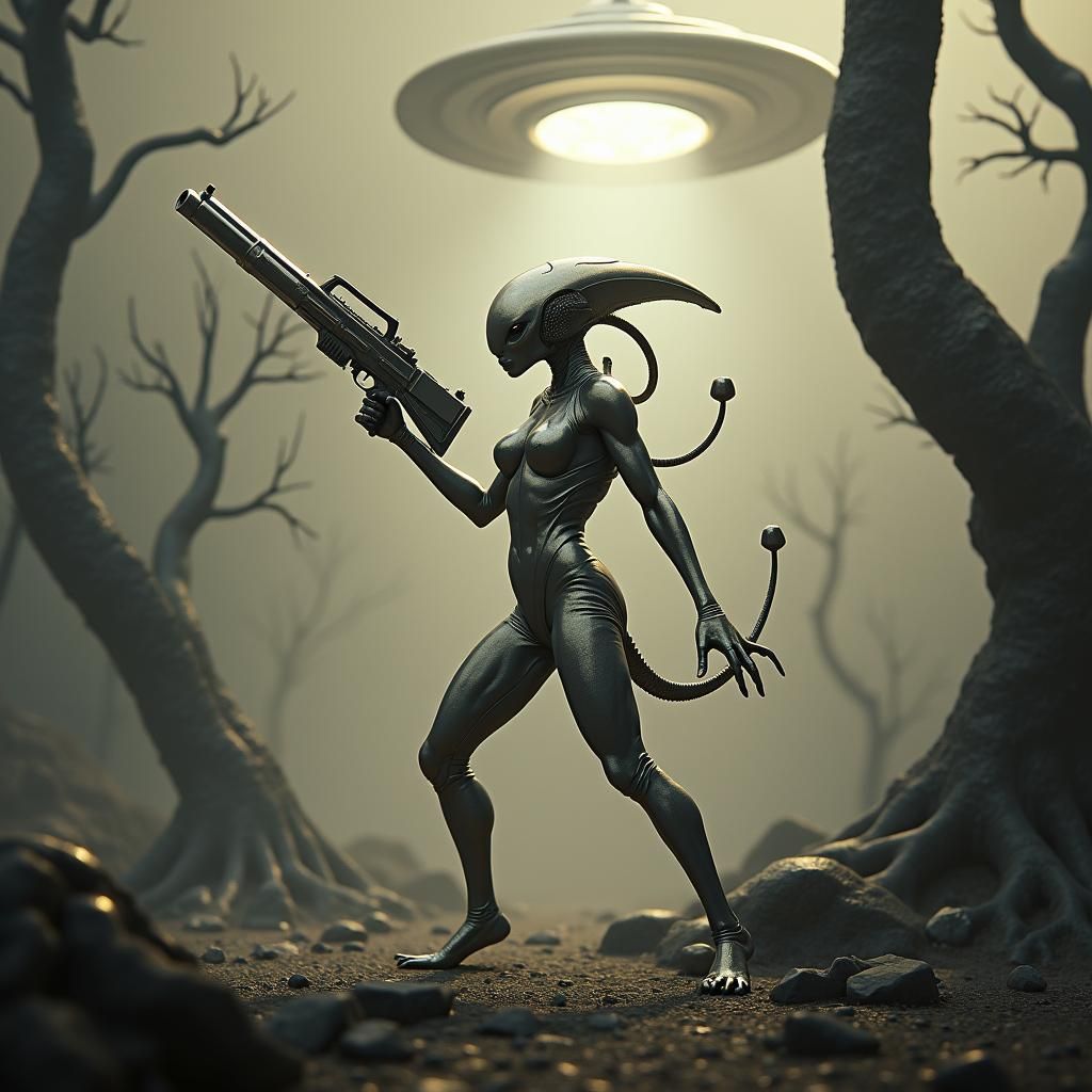 Retro Alien Hero in Sepia-Toned Sci-Fi Landscape