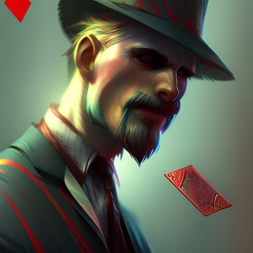 Demon in Suit with Cards, Hyperdetailed Portrait