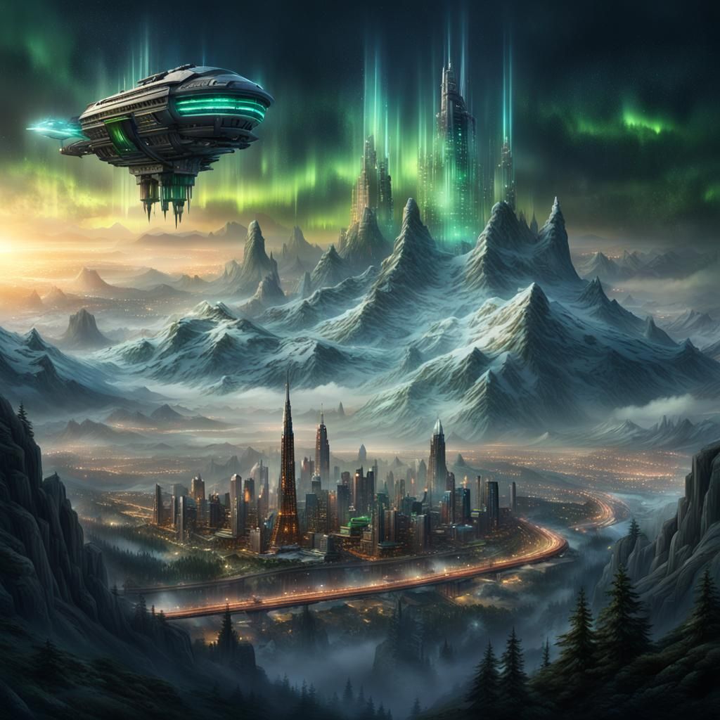 Steampunk Cityscape Under Aurora Borealis