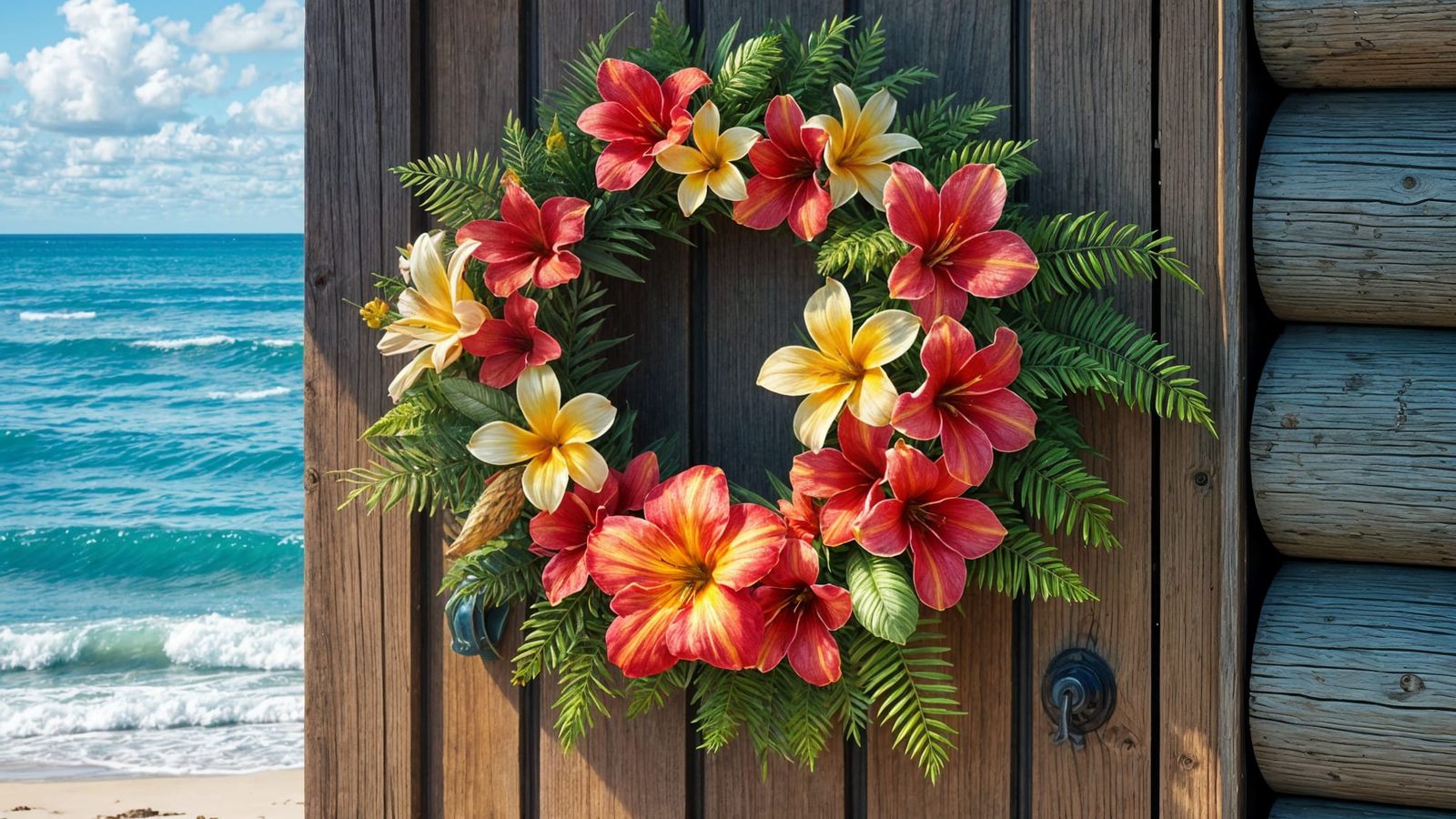 Vibrant Tropical Wreath Adorns Coastal Cabin
