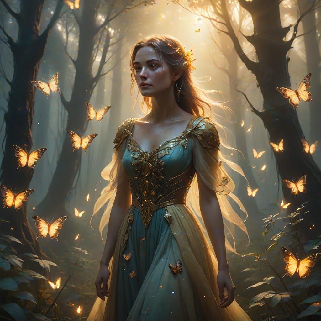 Ethereal Woman in Sunlit Enchanted Forest
