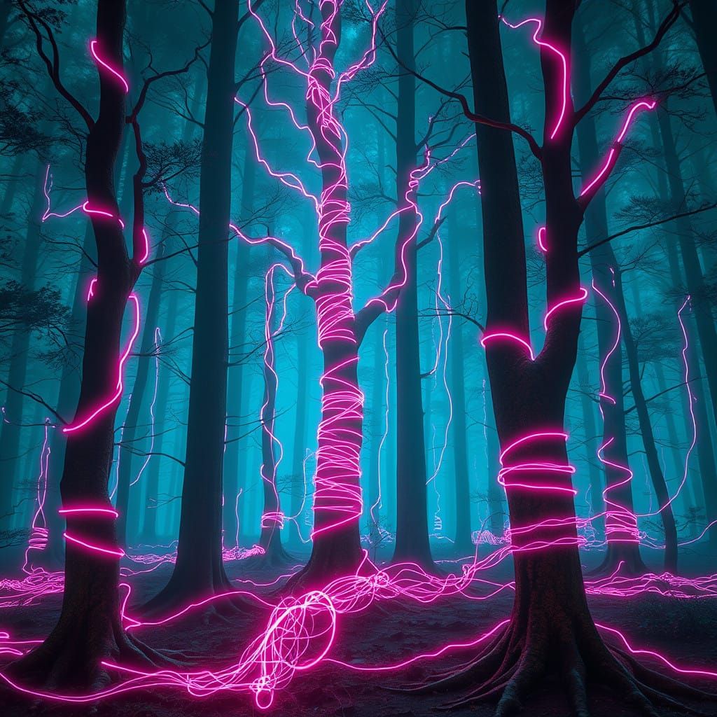 Dreamlike Dark Forest Enveloped in Neon Cables