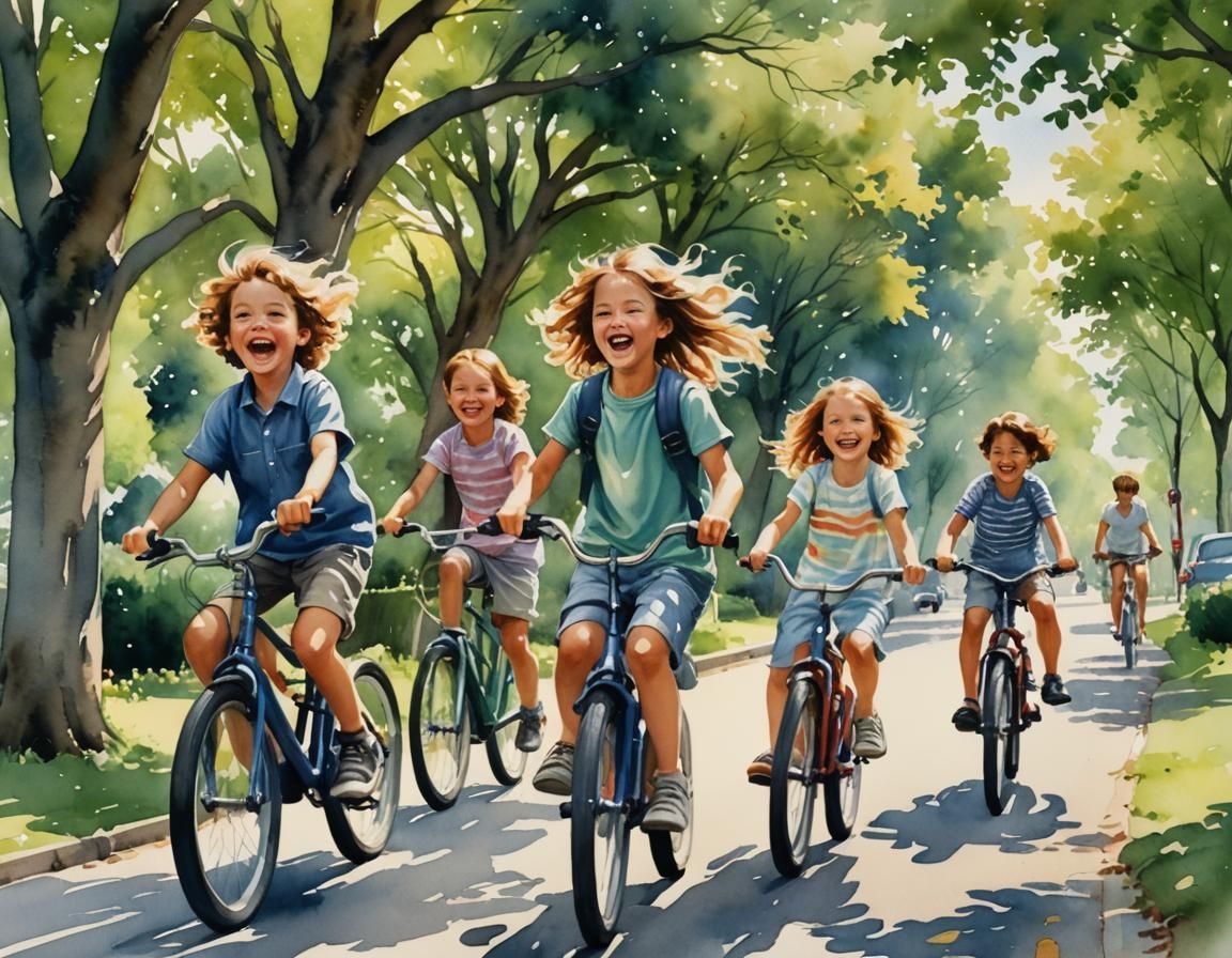 Friends Riding Bicycles in Watercolor Painting