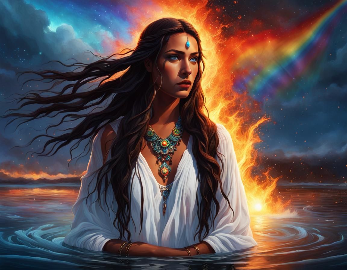 Striking Native American Woman Emerges from Water