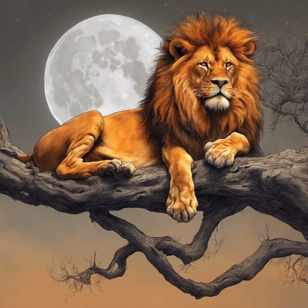 Fiery Lion Asleep Under the Moon