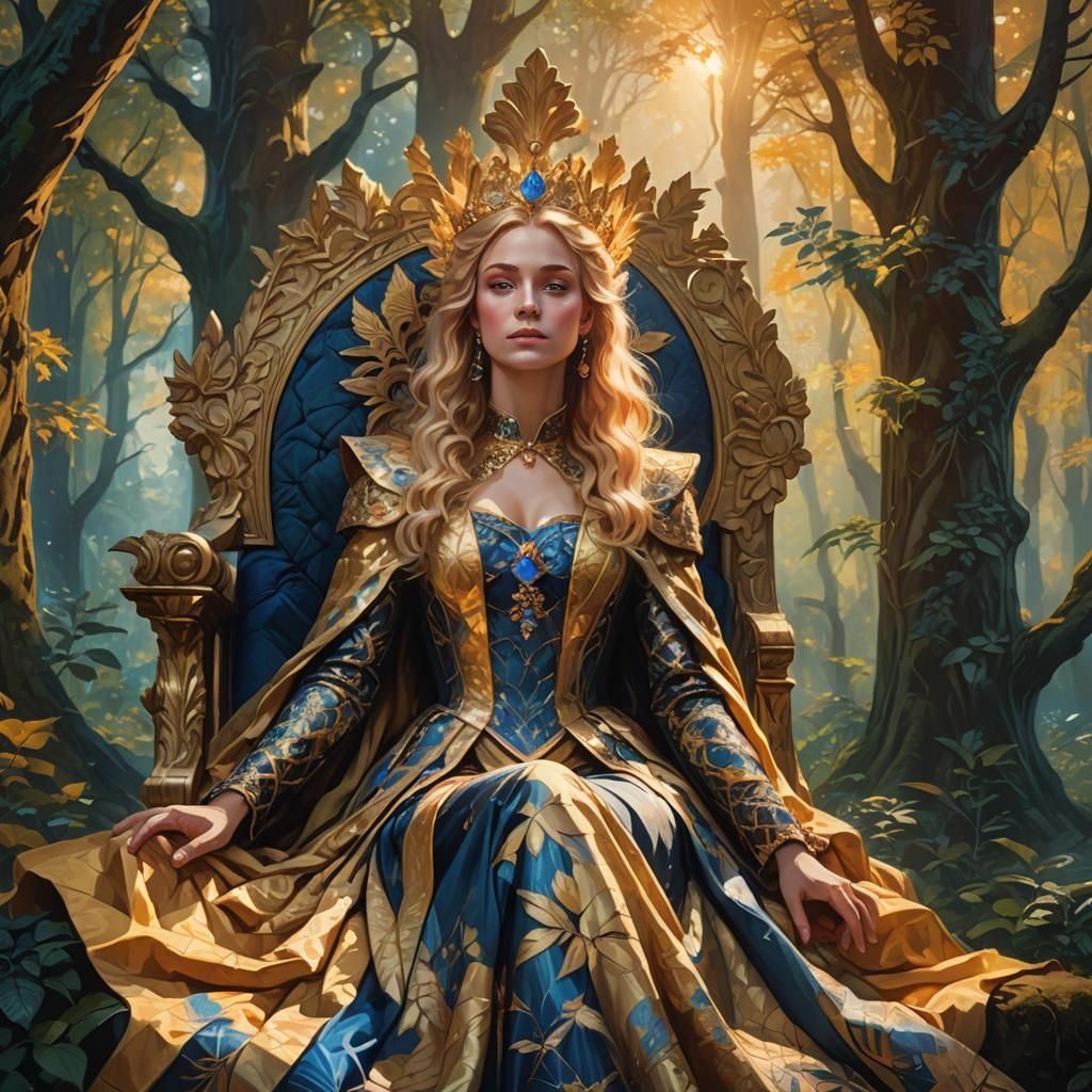 Regal Queen on Forest Throne in Art Deco Style