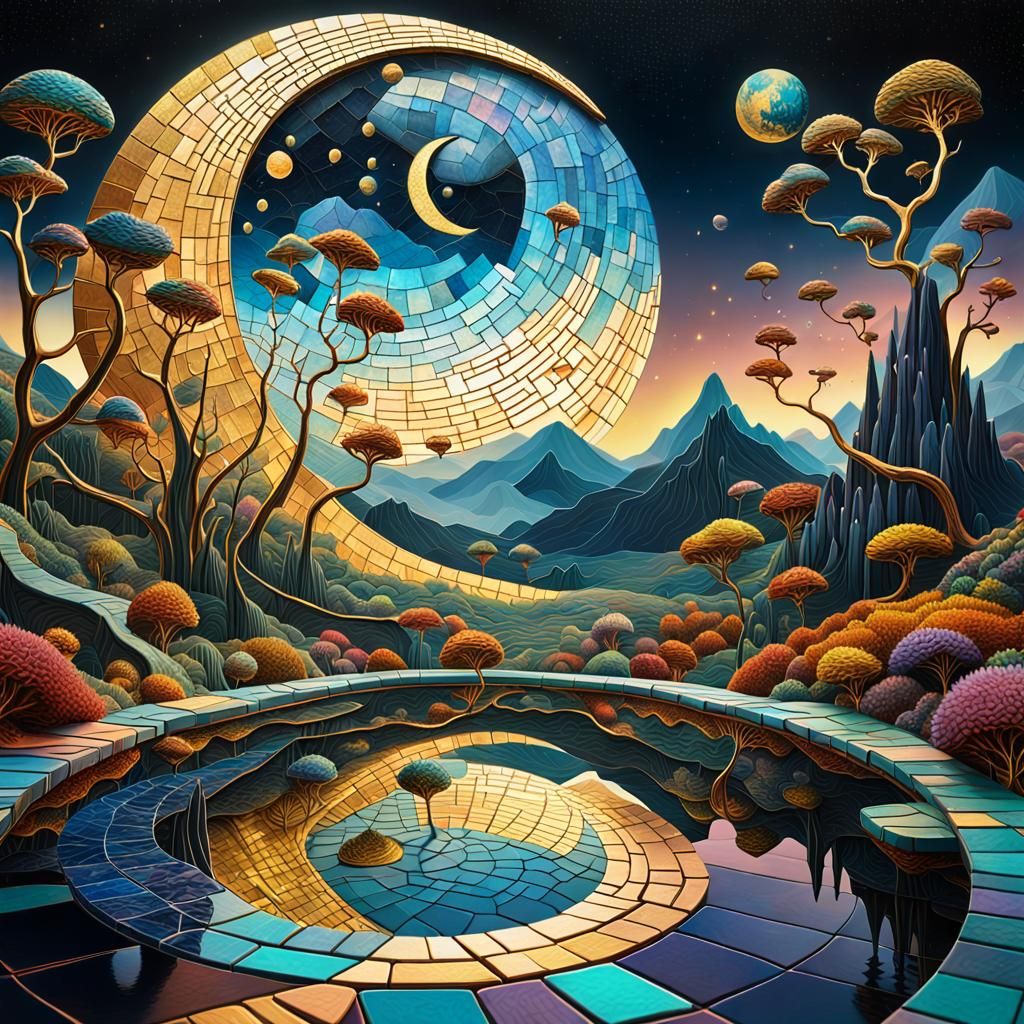 Cosmic Surrealism: Vibrant Alien Landscape on Golden Moon