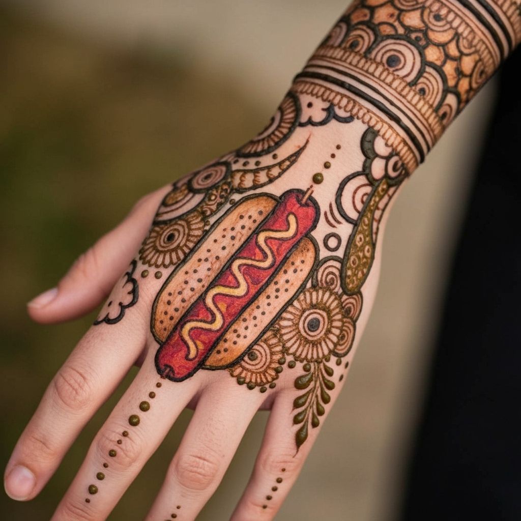 Henna Hand Art with Hotdog Motif in Pop Art Style