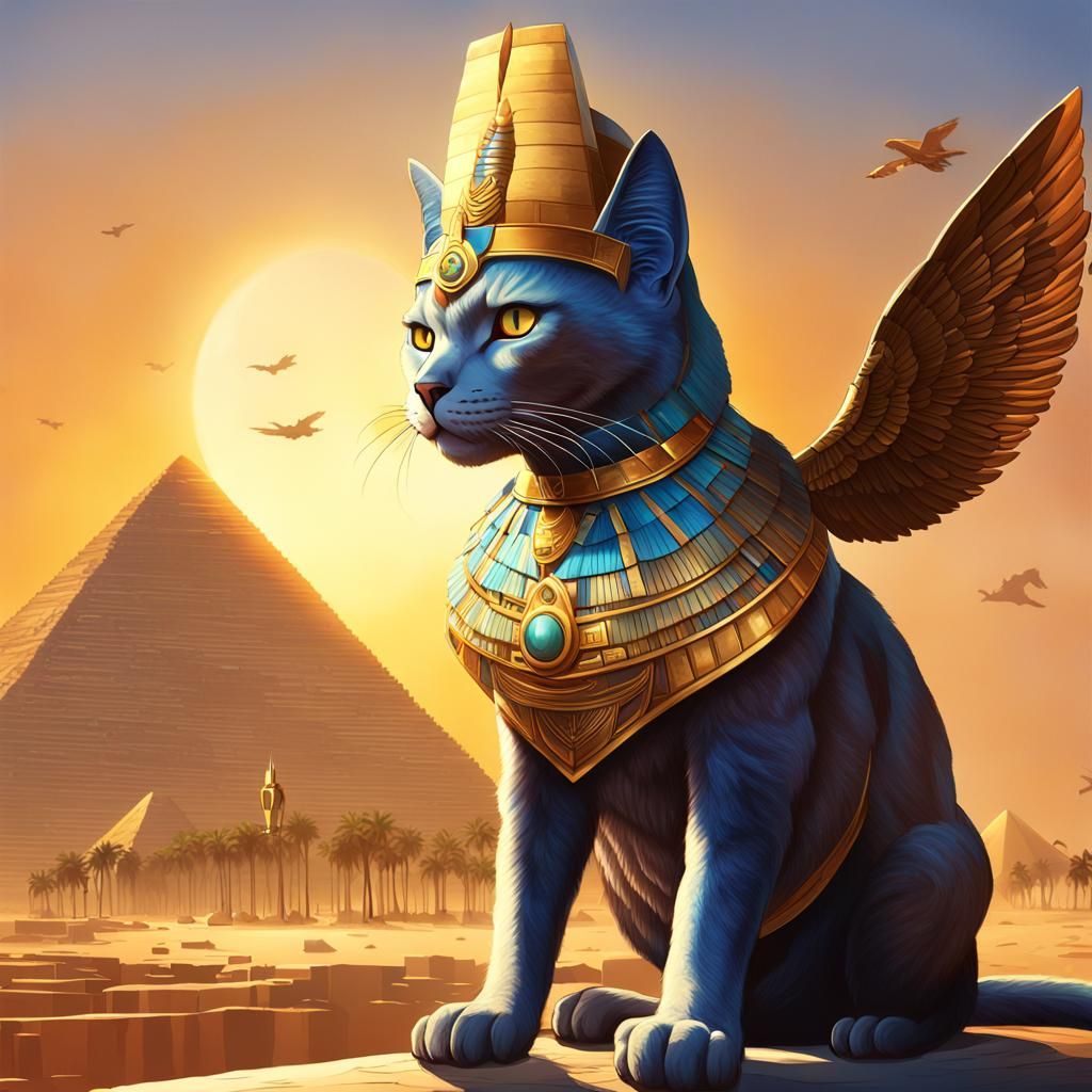 Winged Pharaonic Cat Guarding Pyramids at Sunset