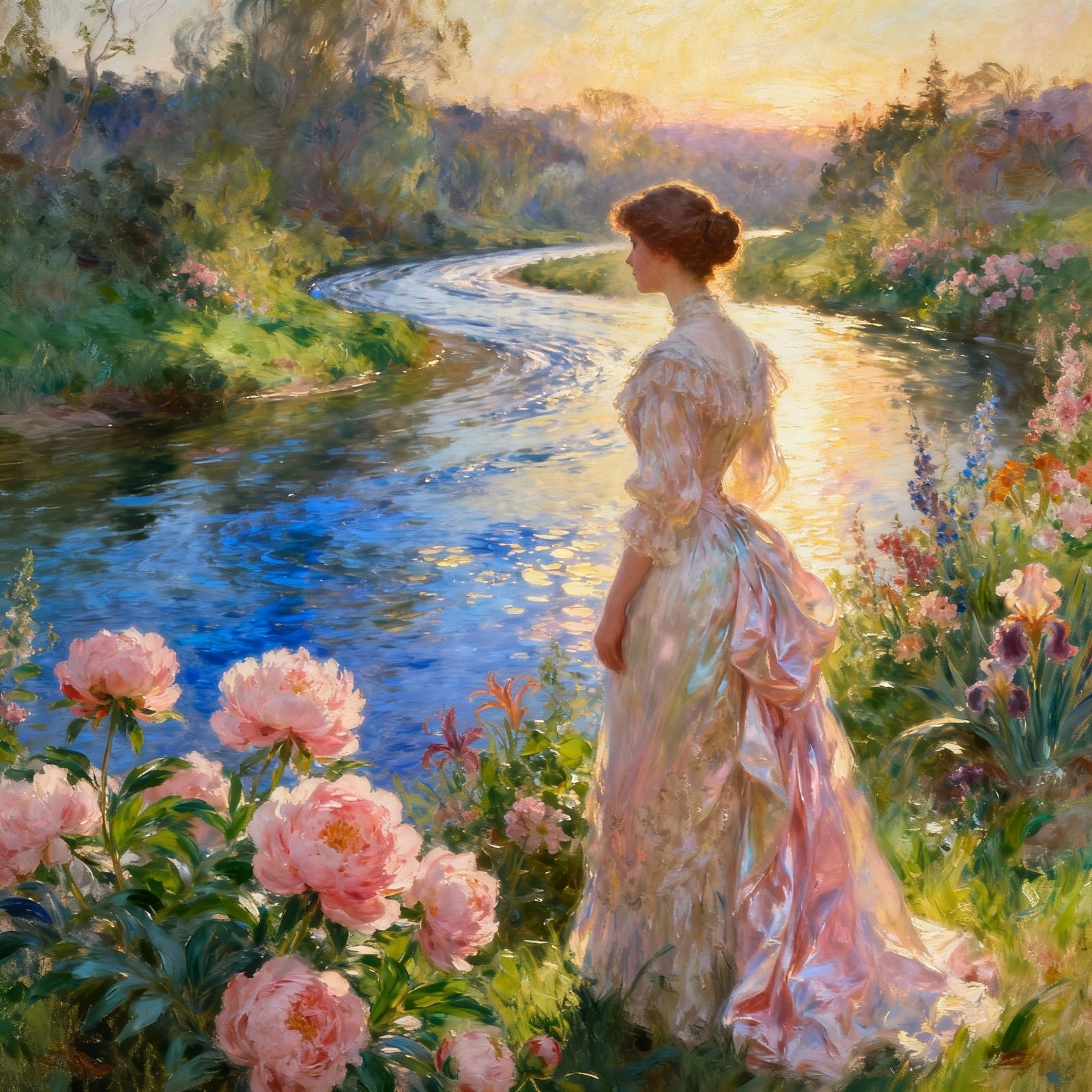 Victorian Woman by Serene River with Peonies