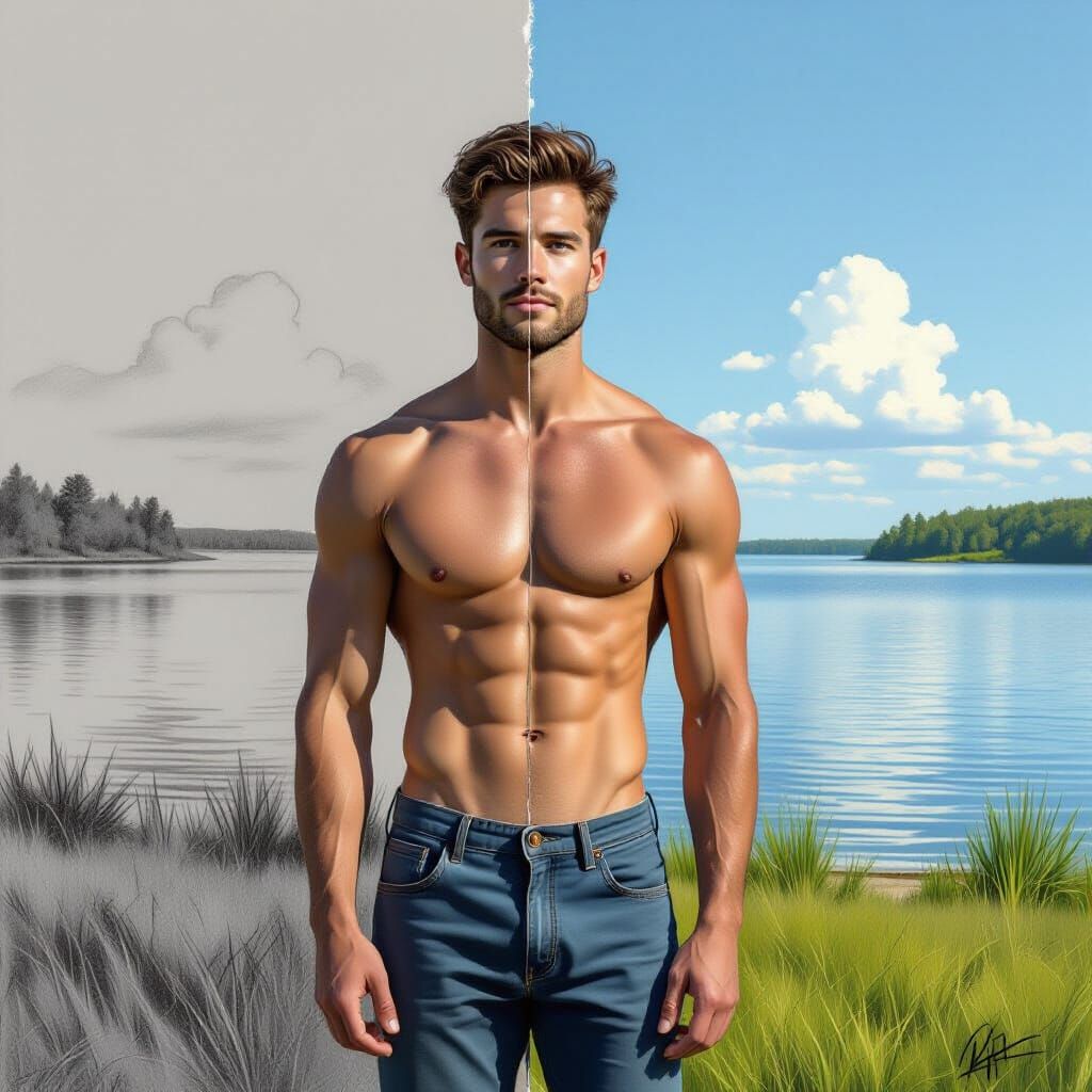 Man Split Between Sketch and Realism by Lake