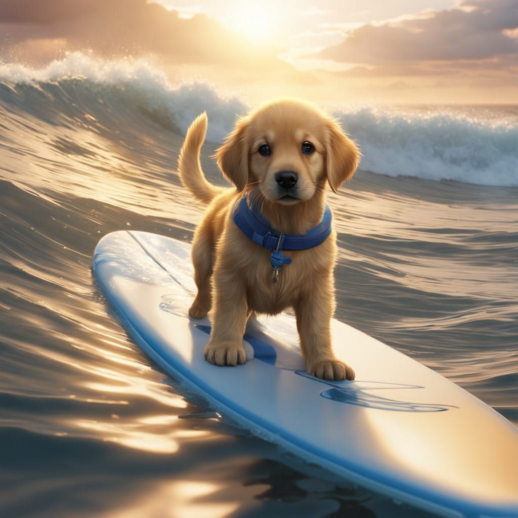 Hyperrealistic Surfing Golden Retriever in Breathtaking Suns...