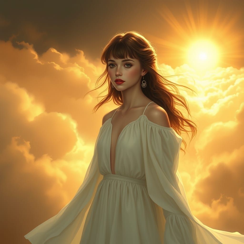 Serene Realism: Young Woman Walks Through Golden Clouds Towa...