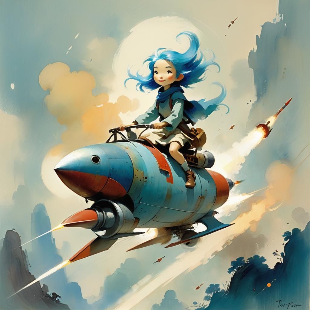 Blue-Haired Girl on Rocket, Tyrus Wong Style