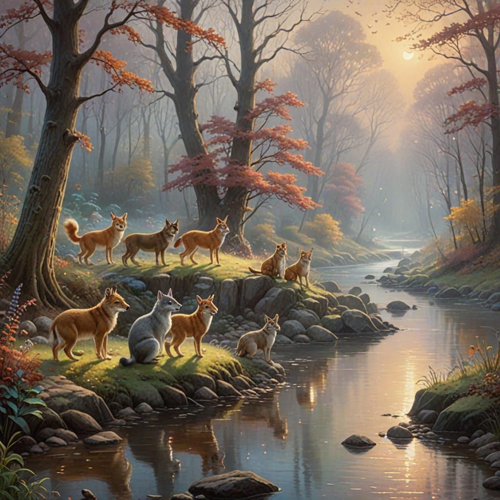 Enchanted Woodland Riverbank Gathering in Oil Painting Style