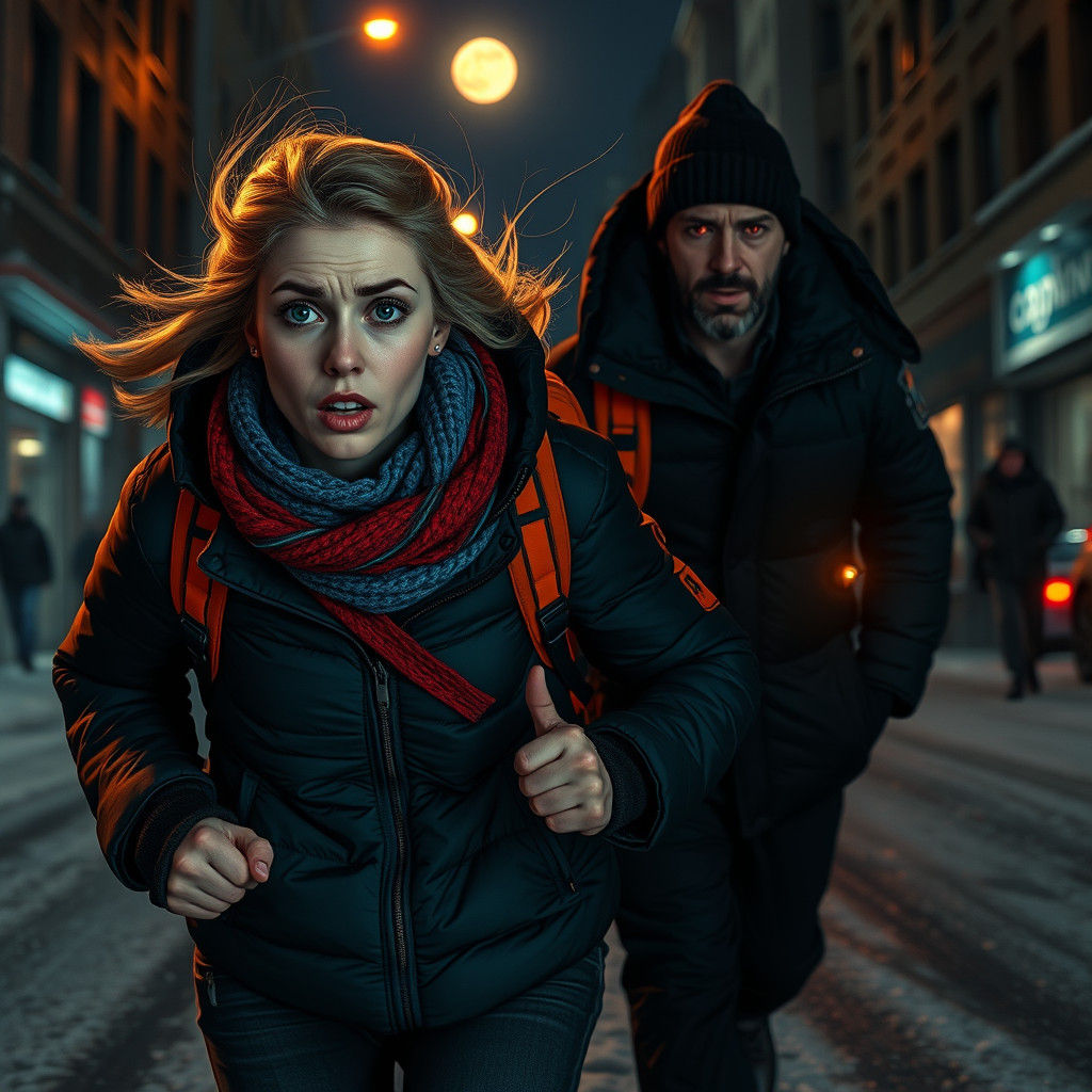 Woman Fleeing Man in Winter Cityscape, Horror Art