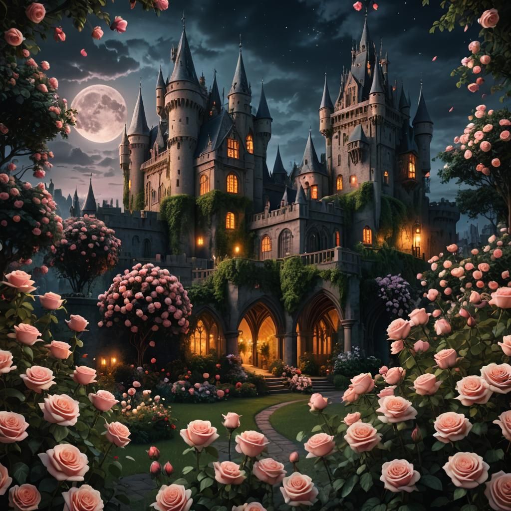 Night Garden with Gothic Castle: Digital Matte Painting