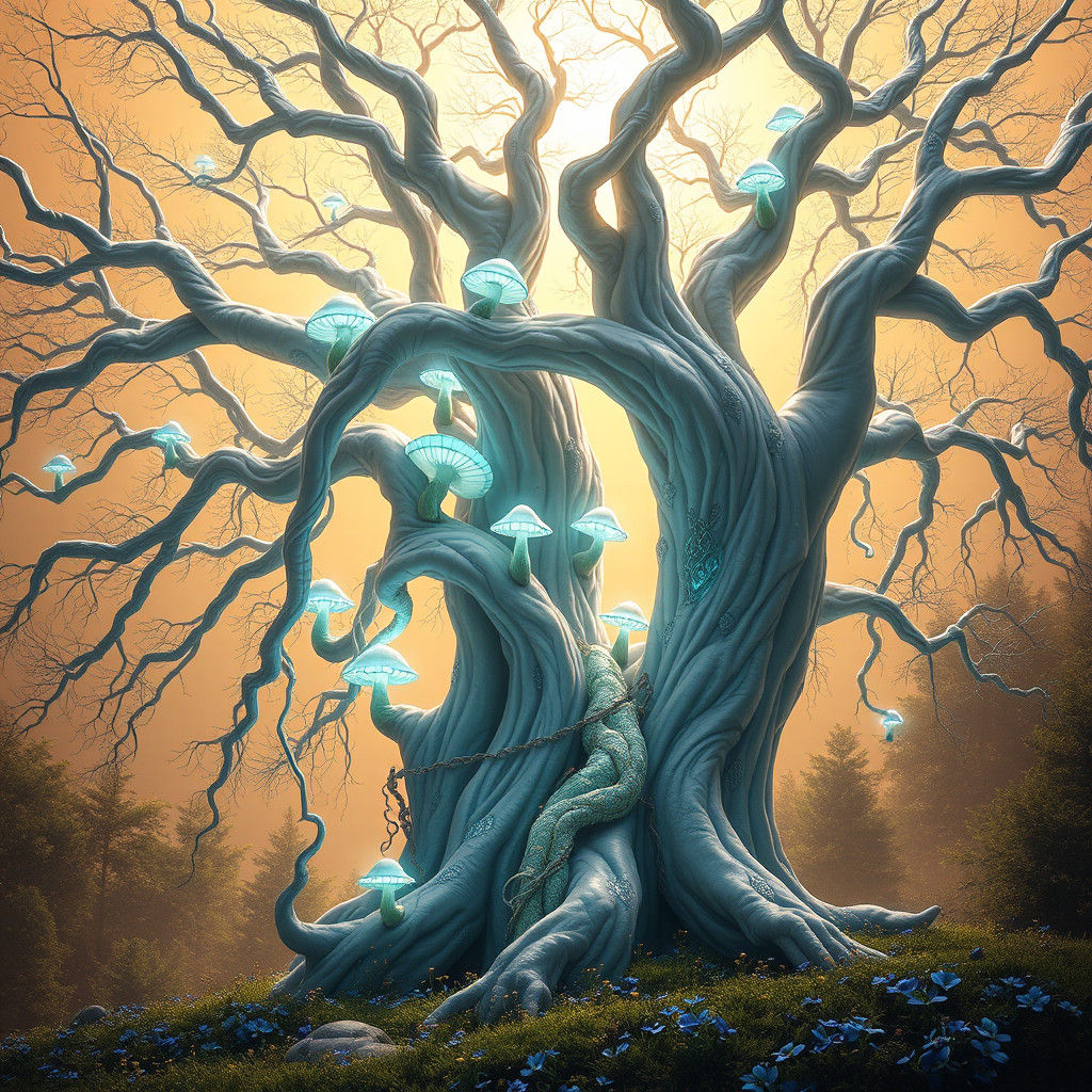 Majestic White Tree with Glowing Mushrooms