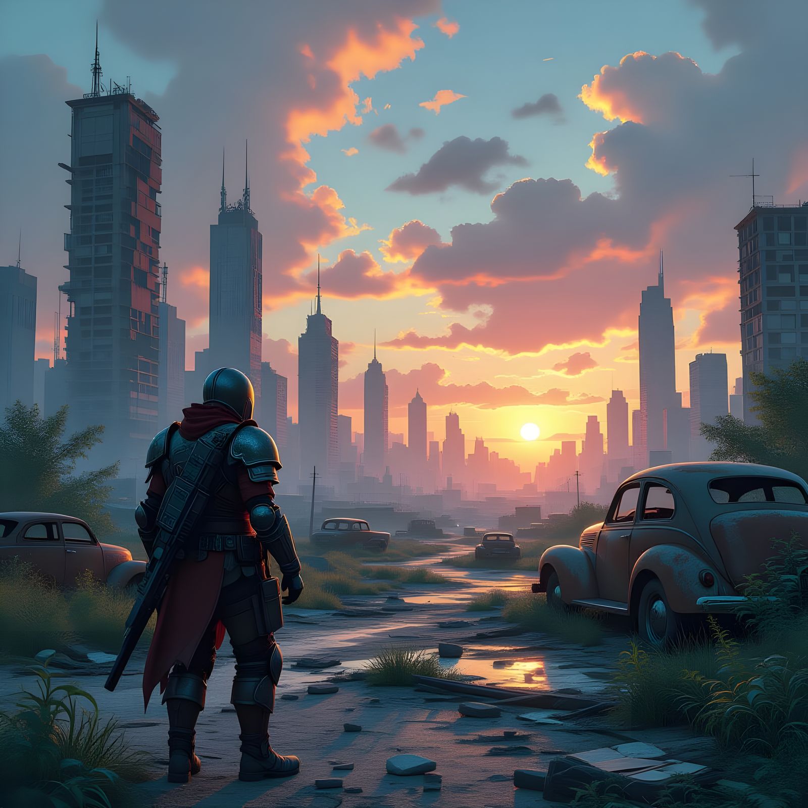 Post-Apocalyptic Wasteland Reclaimed by Nature: Hyperrealist...