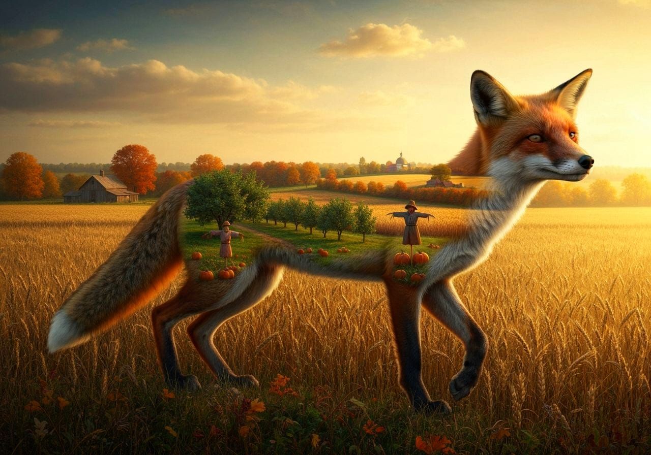 Fox Double Exposure in Autumn Harvest Landscape