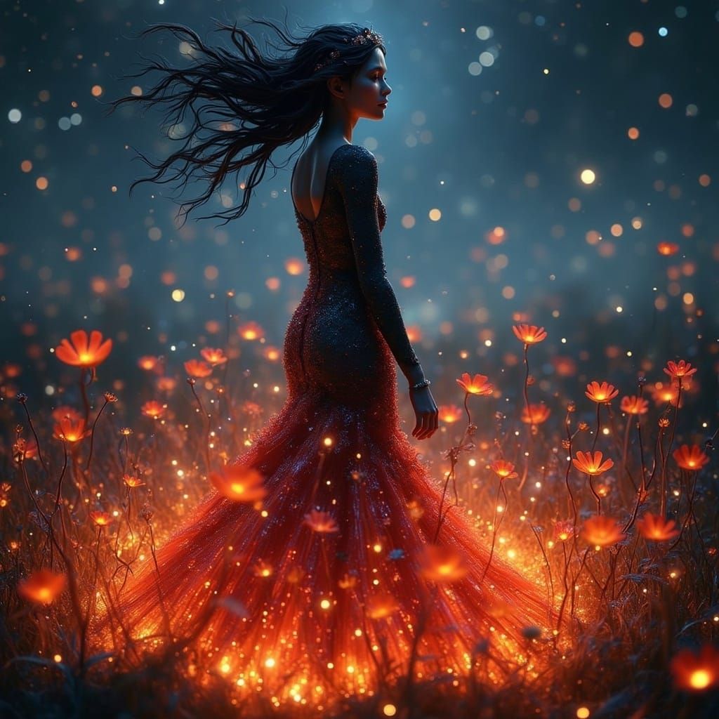 Woman in Flaming Dress Under Starry Sky
