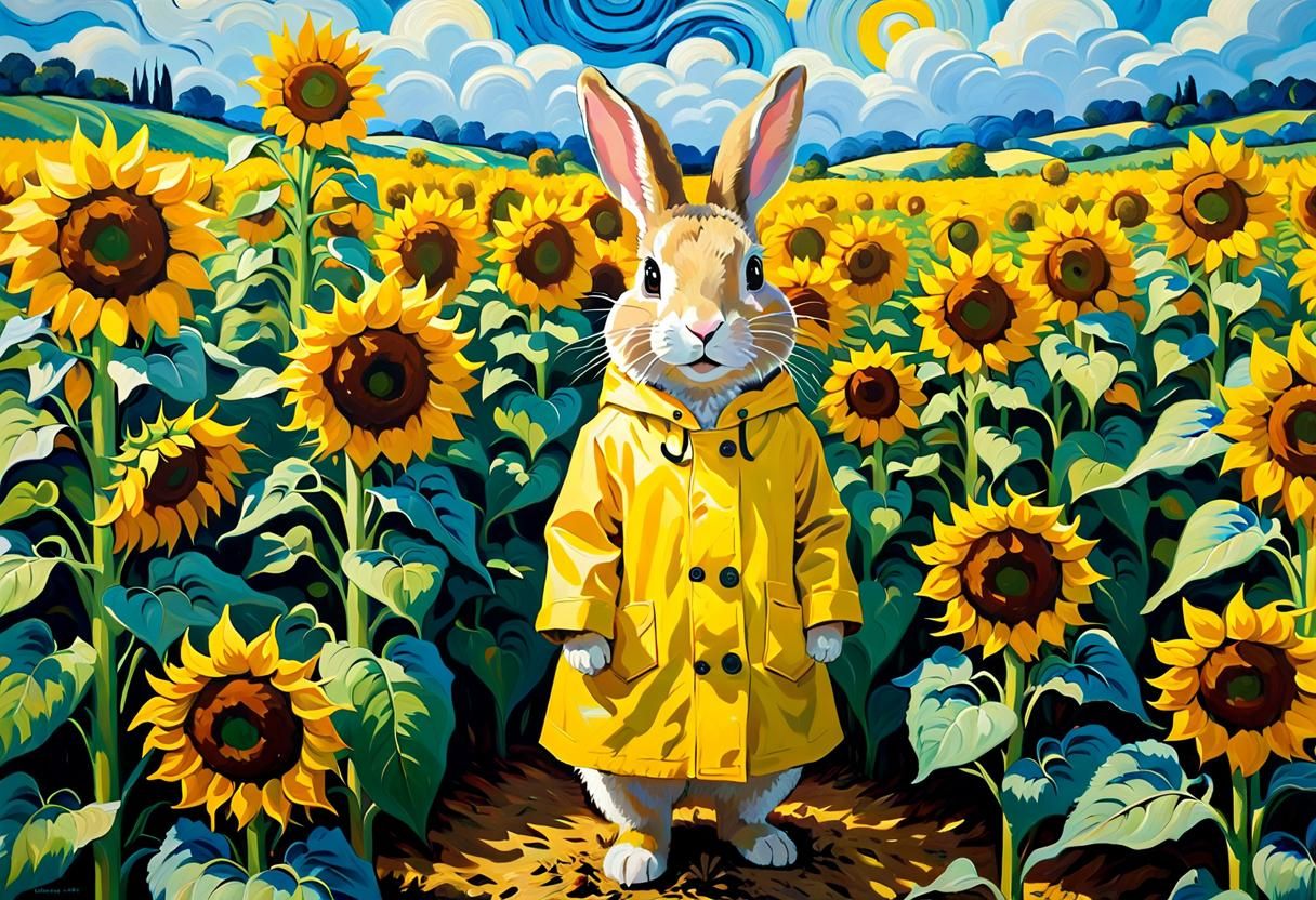 Rabbit in Sunflower Field: Neo-Impressionist Oil Painting